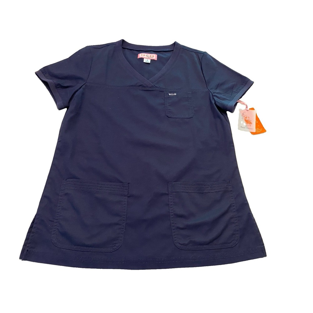 NWT Koi by Kathy Peterson Scrub Top Small Blue V-Neck Pocket Medical Women's S